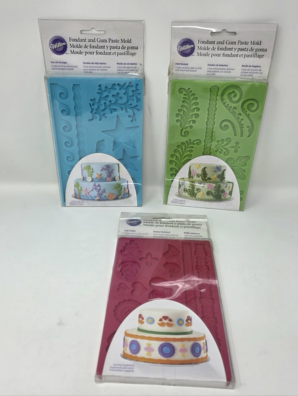 Wilton Fondant and Gum Paste Silicone Molds Sea Life Fern Folk Designs 3-Pack